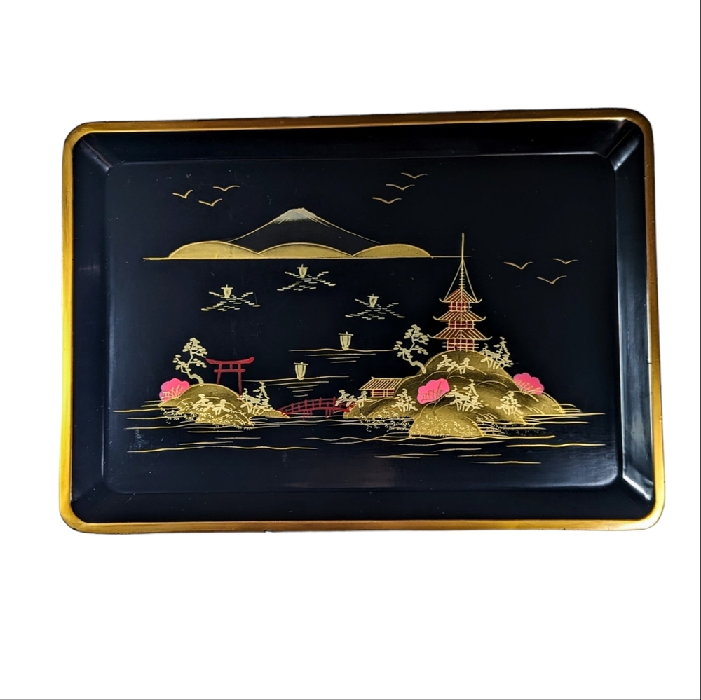 Vintage Chinoiserie Japanese Wood Black Lacquer Serving Tray Hand Painted Tole